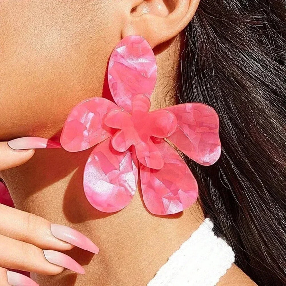 Hot Pink Women's Acetic Acid Floral Design Personality Earrings - Picture 2 of 7
